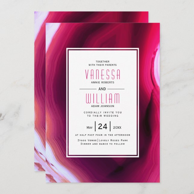 Fuchsia pink agate slice and frame wedding invitation (Front/Back)