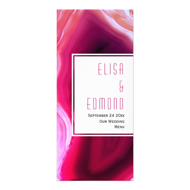 Fuchsia pink agate slice geode wedding menu card (Front)