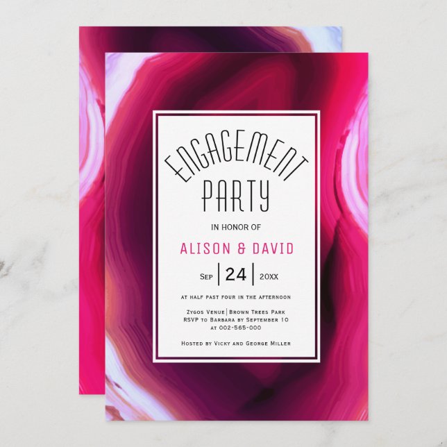 Fuchsia pink agate slice wedding engagement party invitation (Front/Back)
