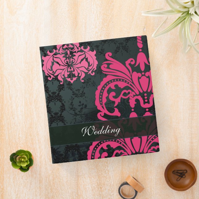 Fuchsia Pink and Blue Damask Wedding Planner Binder (In Situ)