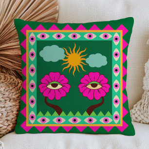 Fuchsia Pink and Emerald Green Evil Eyes Funky Throw Pillow