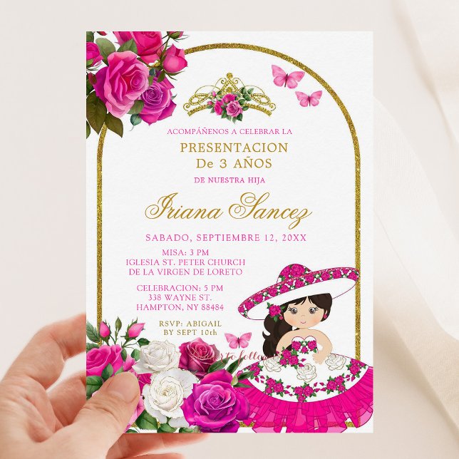 Fuchsia Pink and Gold Presentación De 3 Anos Invitation (Creator Uploaded)