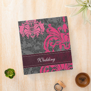 Fuchsia Pink and Gray Damask Wedding 3 Ring Binder