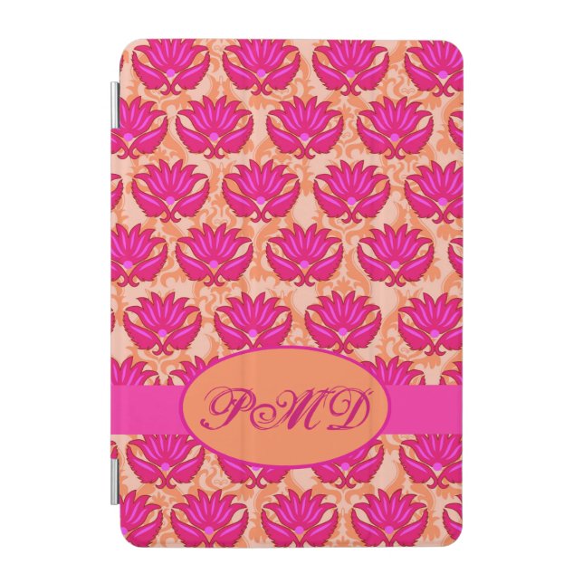 Fuchsia Pink and Orange Modern Damask Monogram iPad Mini Cover (Front)