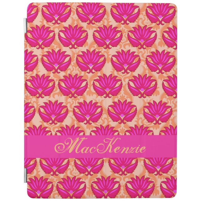 Fuchsia Pink and Orange Modern Damask Monogram iPad Smart Cover (Front)