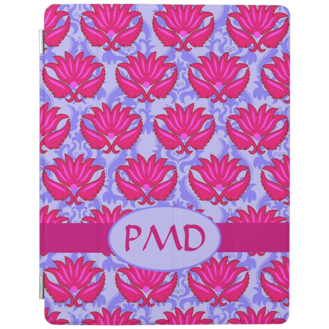 Fuchsia Pink and Purple Modern Damask Monogram iPad Smart Cover (Front)