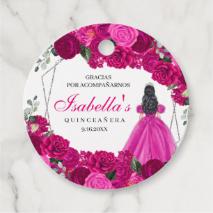 Fuchsia Pink and Silver Floral Quinceanera Circle Favor Tags