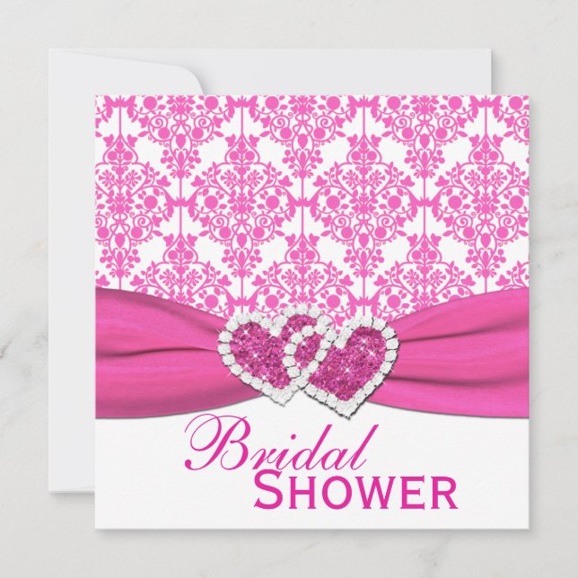 Fuchsia Pink and White Damask Bridal Shower Invite (Front)