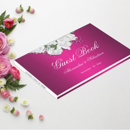 Fuchsia Pink and White Roses Wedding Guest Book