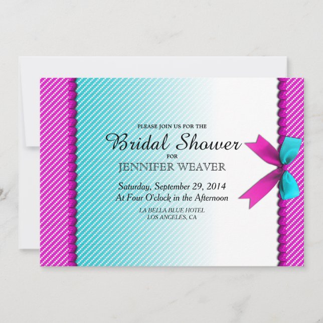 Fuchsia Pink & Aqua Teal Neon Dots, Bow, & Ribbon Invitation (Front)