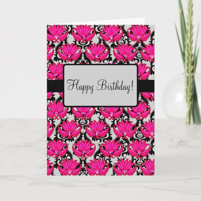 Fuchsia Pink Art Nouveau Damask Happy Birthday Card (Front)