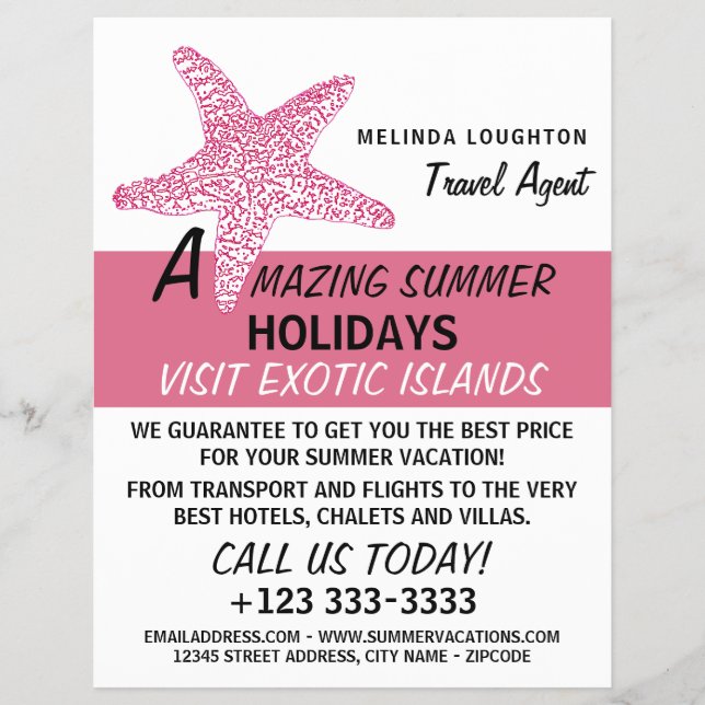Fuchsia Pink Beach Starfish, Travel Agent Advert Flyer (Front)