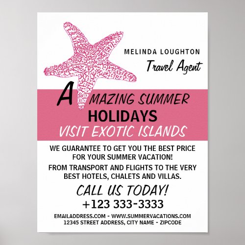 Fuchsia Pink Beach Starfish Travel Agent Advert Poster