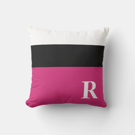 Fuchsia Pink Black And White Color Block Monogram Throw Pillow
