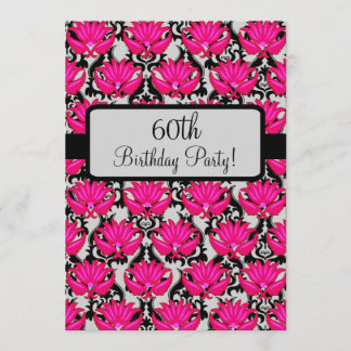 Fuchsia Pink Black Damask 60th Birthday Party Invitation