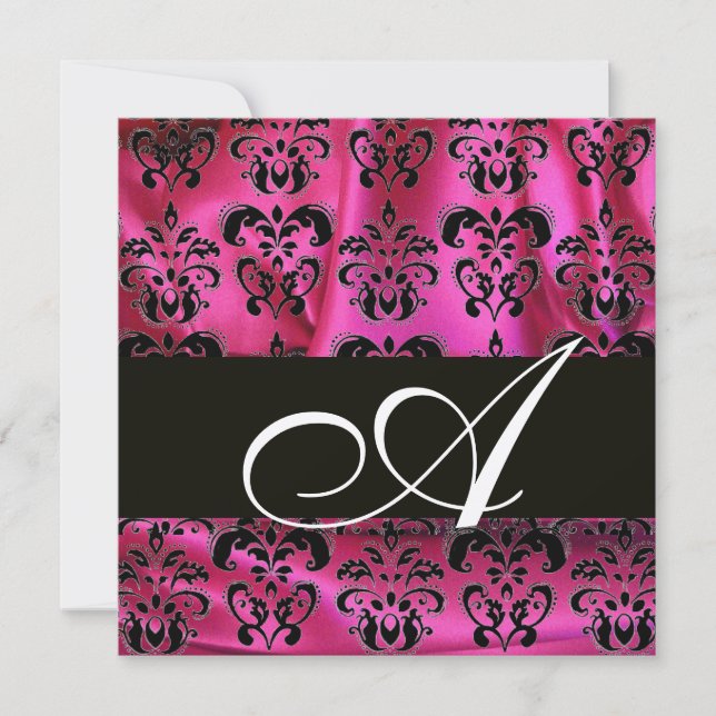 FUCHSIA PINK BLACK DAMASK CLOTH MONOGRAM ,Gold Invitation (Front)
