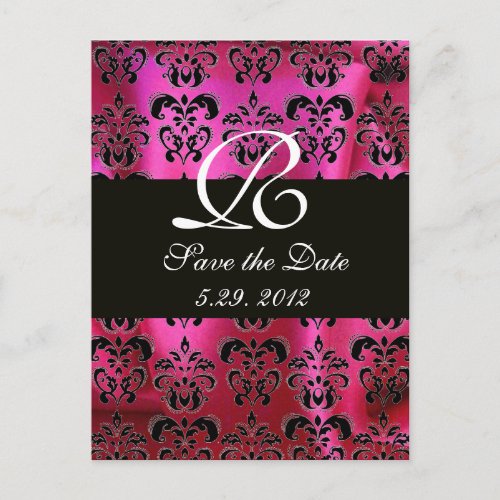 FUCHSIA PINK BLACK DAMASK CLOTH MONOGRAM  white Announcement Postcard