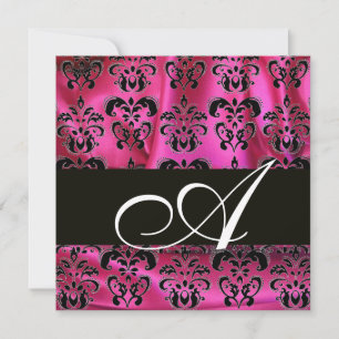 FUCHSIA PINK BLACK DAMASK CLOTH MONOGRAM , white Invitation