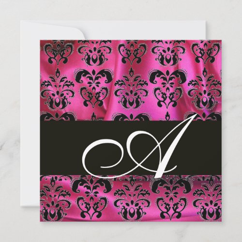 FUCHSIA PINK BLACK DAMASK CLOTH MONOGRAM  white Invitation