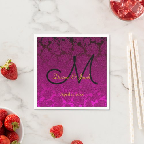 Fuchsia Pink Black Gold Elegant Wedding Monogram Napkins
