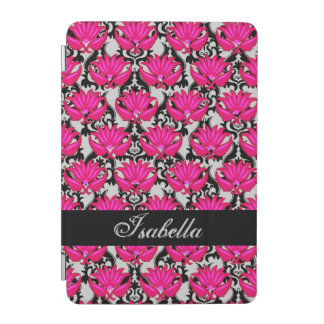 Fuchsia Pink Black Gray Damask Name Personalized iPad Mini Cover