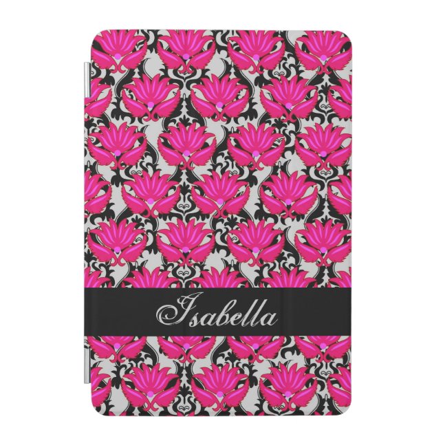 Fuchsia Pink Black Gray Damask Name Personalized iPad Mini Cover (Front)