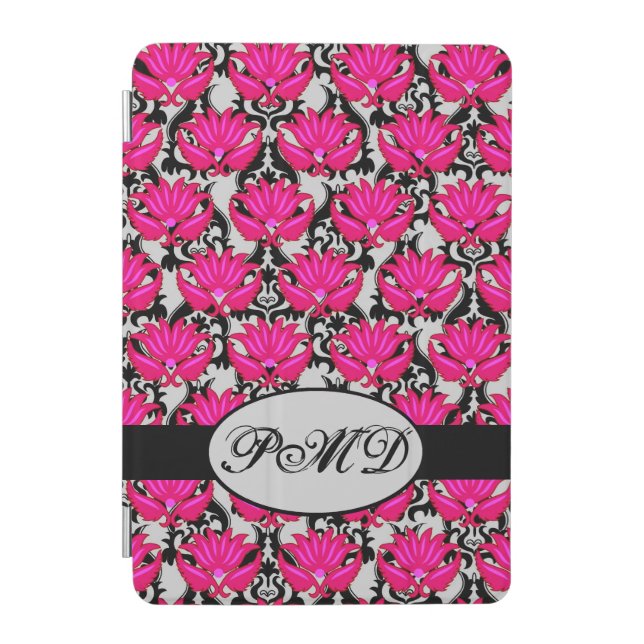 Fuchsia Pink Black Gray Parisian Damask Monogram iPad Mini Cover (Front)