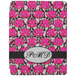 Fuchsia Pink Black Gray Parisian Damask Monogram iPad Smart Cover