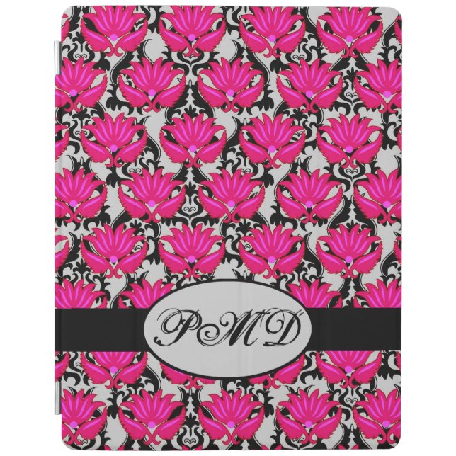 Fuchsia Pink Black Gray Parisian Damask Monogram iPad Smart Cover (Front)