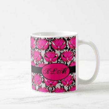 Fuchsia Pink Black Grey Parisian Damask Monogram Coffee Mug by phyllisdobbs at Zazzle