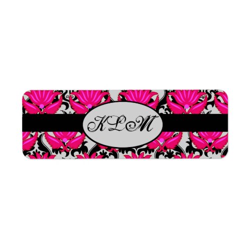 Fuchsia Pink Black Grey Parisian Damask Monogram Label