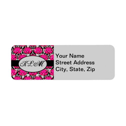 Fuchsia Pink Black Grey Parisian Damask Monogram Label