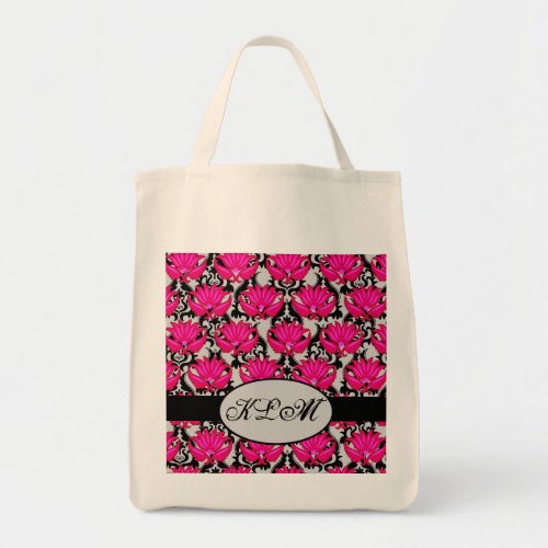 Fuchsia Pink Black Grey Parisian Damask Monogram Tote Bag