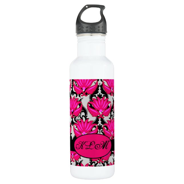 Fuchsia Pink Black Grey Parisian Damask Monogram Water Bottle (Front)
