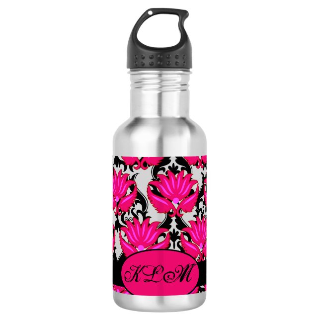 Fuchsia Pink Black Grey Parisian Damask Monogram Water Bottle (Front)