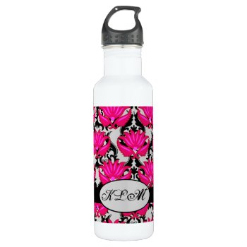 Fuchsia Pink Black Grey Parisian Damask Monogram Water Bottle by phyllisdobbs at Zazzle