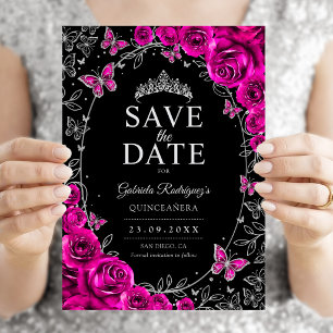 Fuchsia Pink Black Silver Quinceanera Floral Save The Date