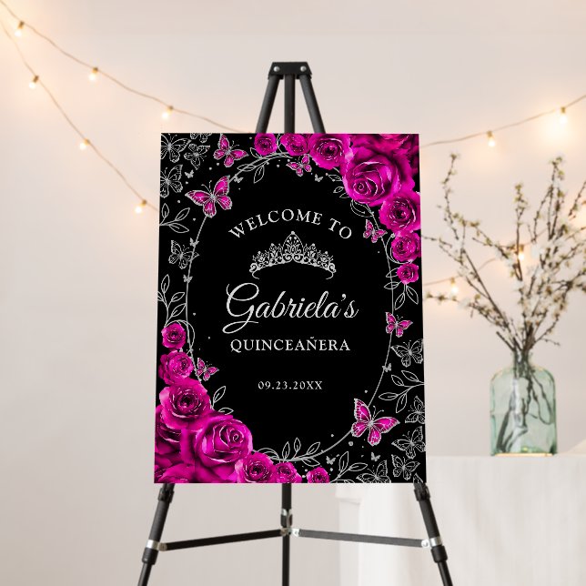 Fuchsia Pink Black Silver Quinceanera Welcome Foam Board (In Situ (Stand))