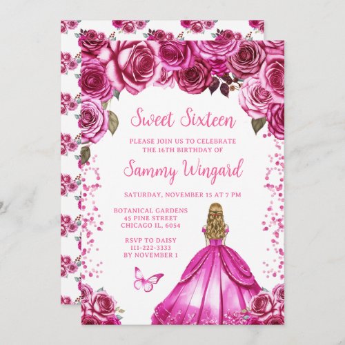 Fuchsia Pink Blonde Hair Princess Sweet Sixteen Invitation