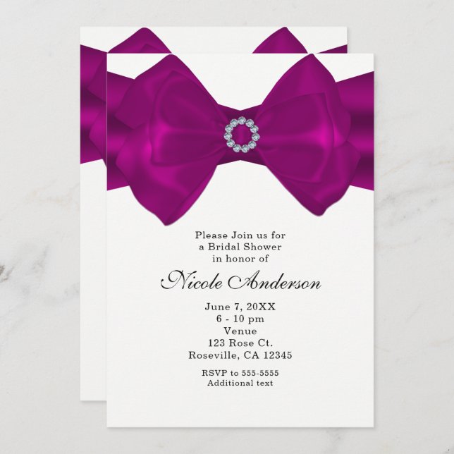Fuchsia Pink Bow Ribbon & Diamonds Glam Invitation (Front/Back)