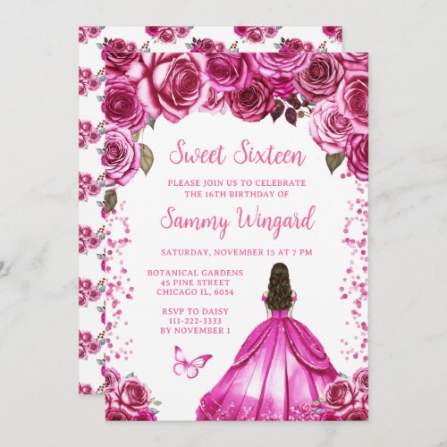 Fuchsia Pink Brown Hair Princess Sweet Sixteen Invitation