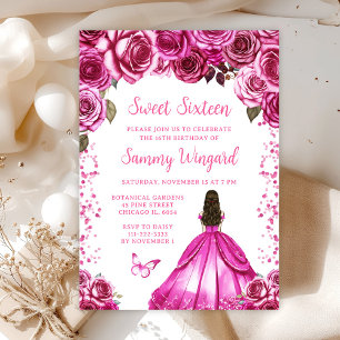 Fuchsia Pink Brown Hair Princess Sweet Sixteen Invitation