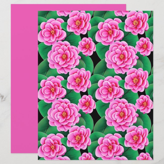 Fuchsia Pink Camellias and Jade Green Leaves (Front/Back)