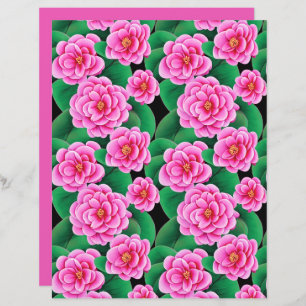 Fuchsia Pink Camellias and Jade Green Leaves