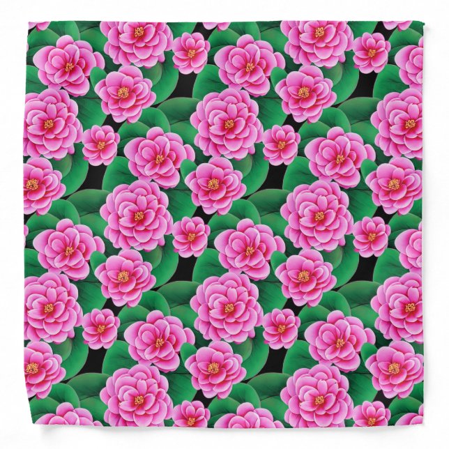 Fuchsia Pink Camellias and Jade Green Leaves Bandana (Front)
