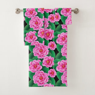 Fuchsia Pink Camellias and Jade Green Leaves Bath Towel Set