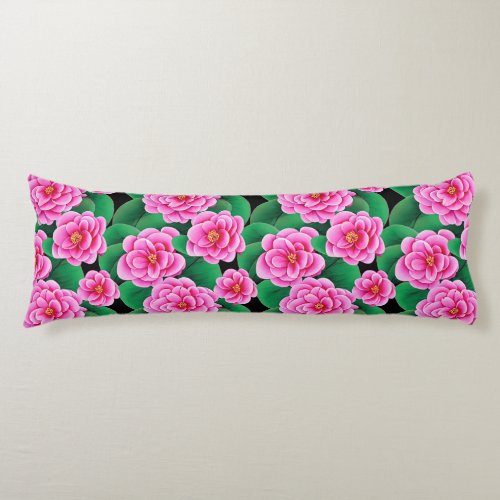 Fuchsia Pink Camellias and Jade Green Leaves Body Pillow
