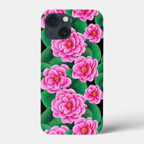 Fuchsia Pink Camellias and Jade Green Leaves iPhone 13 Mini Case