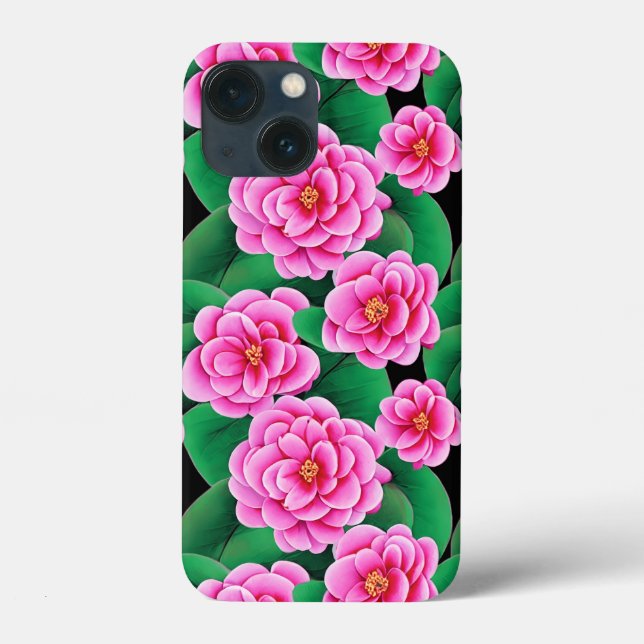 Fuchsia Pink Camellias and Jade Green Leaves Case-Mate iPhone Case (Back)