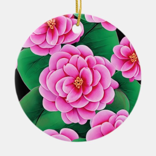 Fuchsia Pink Camellias and Jade Green Leaves Ceramic Ornament
